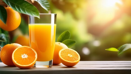Naklejka premium Glass with orange juice and fresh fruit on table, nature