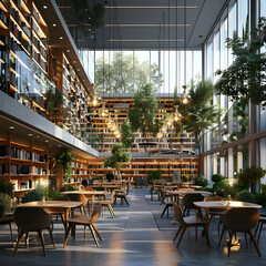 An interior design of a reading room in a library.