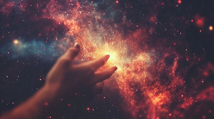 A female hand reaches out to interact with a dynamic data flow visualization, symbolizing the connection between technology, innovation, and human interaction with modern digital systems

