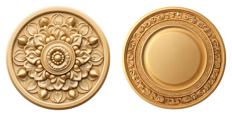 Elegant golden decorative medallion with intricate floral patterns and circular design. Perfect for enhancing artistic