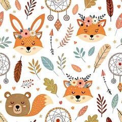 Adorable woodland animals seamless pattern with floral crowns dreamcatchers and autumn leaves fox art