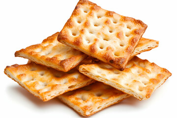 Fototapeta premium Pile of crispy crackers on a white background, ready to be eaten, for a snack or appetizer