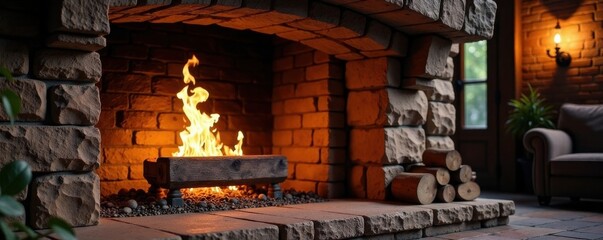 Blazing fire crackles and spits in a large stone fireplace surrounded by rich wooden beams and dark stone walls, fireplace, flames, rustic decor