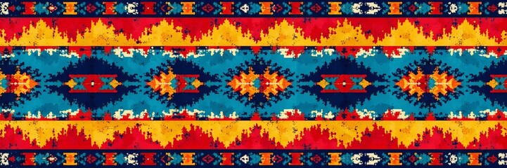 Vibrant Aztec geometric stripes in red, blue, and yellow on seamless background, geometric, seamless, vibrant
