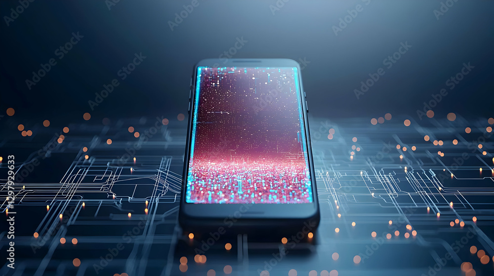 Poster futuristic smartphone with glowing pixelated screen on circuit board background