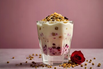 Colorful falooda with ice cream and seeds in tall glasses on a light background