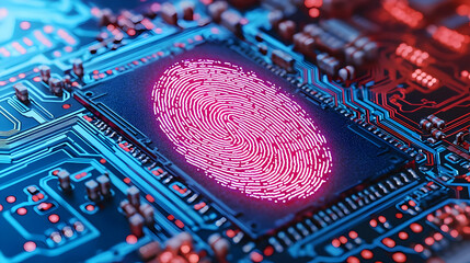 Glowing Red Fingerprint On Electronic Circuit Board Depicting Digital Security And Data Protection