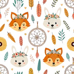 Adorable fox and bunny seamless pattern dreamcatcher floral design cute animals art kids baby boho