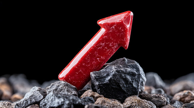 Red arrow on top of rocks, symbolizing growth, success