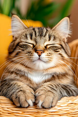 Relaxed tabby cat resting in a wicker basket, cozy home environment,  perfect for pet lover's ad or website