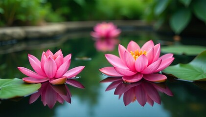 Vibrant flowers floating on calm water surface in garden setting, nature, relaxation, reflection