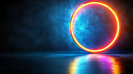 A glowing, iridescent ring rests on a dark, reflective surface, symbolizing modern elegance, mystery, and futuristic beauty in a minimalist setting.

