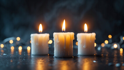  Burning Candles with Warm Glow, Soft Light and Bokeh Background, Cozy Atmosphere, Peaceful Ambience, Romantic Mood, Meditation, Spiritual Symbol, Relaxation, Tranquil Night, Warm Candlelight