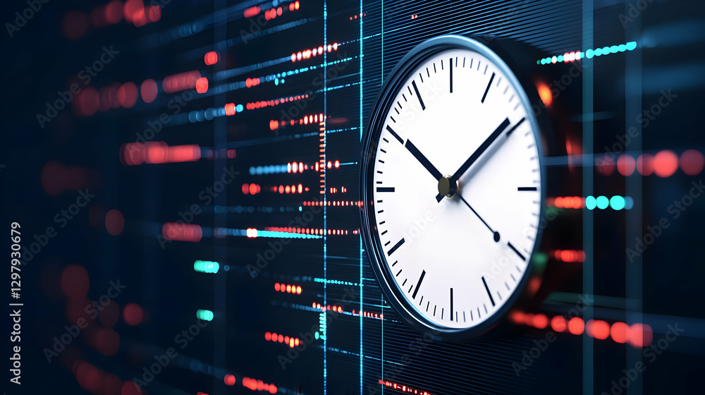Poster white clock on blue digital data background displaying the passing of time and technological progres