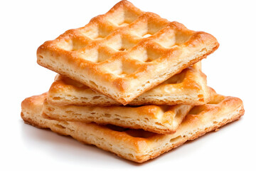 Fototapeta premium Stack of crispy square biscuits on white background, ideal for food photography or packaging