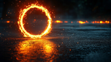 A glowing, iridescent ring rests on a dark, reflective surface, symbolizing modern elegance, mystery, and futuristic beauty in a minimalist setting.

