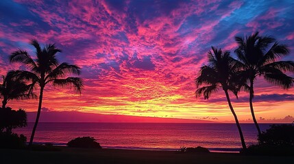 A dramatic sunset behind a silhouette of palm trees, with vibrant colors fading into the horizon. 
