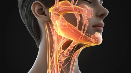 Detailed representation of human neck anatomy with highlighted muscles and structures for educational purposes. Generative AI