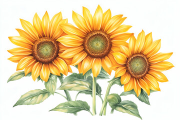 Obraz premium Three sunflowers on white background