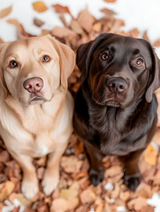 Two Labrador Retrievers Sitting Among Autumn Leaves