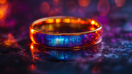 A glowing, iridescent ring rests on a dark, reflective surface, symbolizing modern elegance, mystery, and futuristic beauty in a minimalist setting.

