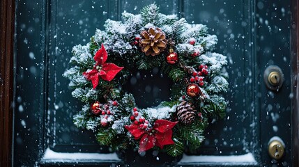 A festive wreath on a front door, with snow gently falling around it on Christmas Eve. -