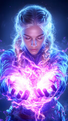 Woman conjuring light, fantasy, magical energy, digital art, glowing hands, use for posters, games, or digital media