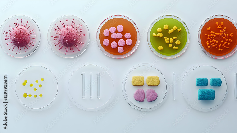 Poster colorful microscopic cells arranged in circular patterns on white background in digital illustration