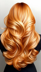 Fototapeta premium Woman's vibrant orange-blonde wavy hair style. Possible use Hair salon advertisement