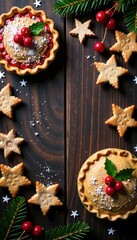 Christmas cookies and pies on a wooden table amidst snowflakes and holly, snowy scene, food preparation, winter treats