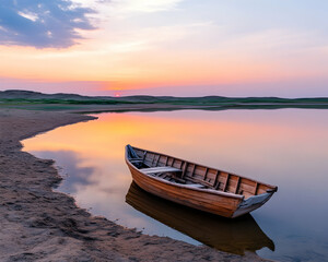 Obraz premium Wooden boat on tranquil lake at sunset