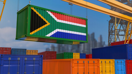 3D rendering of a shipping container with the South African flag suspended from a crane in a port dock.
