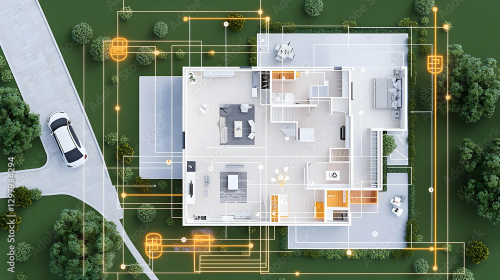 Aufkleber aerial view of modern smart home architecture with digital network system connecting interior and ex
