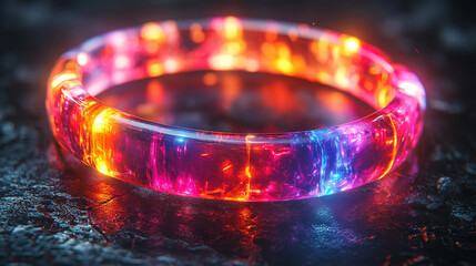 A glowing, iridescent ring rests on a dark, reflective surface, symbolizing modern elegance, mystery, and futuristic beauty in a minimalist setting.

