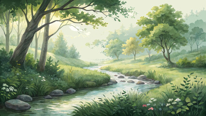Watercolor nature scene, lush greenery and gentle stream under soft morning light, inspiring peace and renewal for Suhur with copy space  
