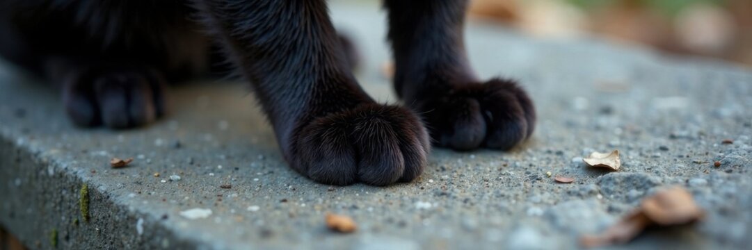 Close-up of black cat's paw print on gray stone, rock, paws, gray