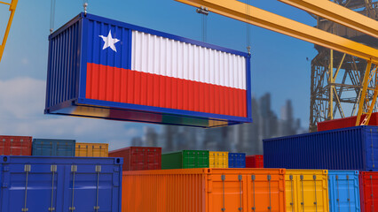 3D rendering of a shipping container with the Chilean flag suspended from a crane in a port dock.