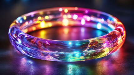 A glowing, iridescent ring rests on a dark, reflective surface, symbolizing modern elegance, mystery, and futuristic beauty in a minimalist setting.

