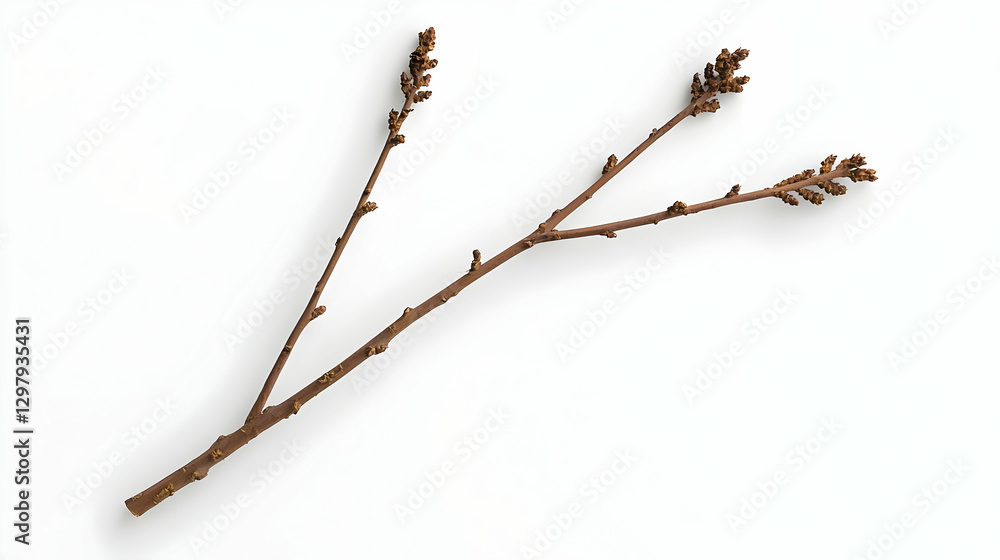 Poster isolated brown branch with budding twigs on white background with soft shadows