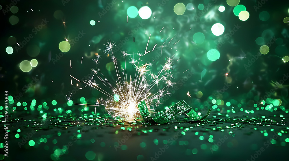Aufkleber exploding spark and glitter against green bokeh background creates festive celebration
