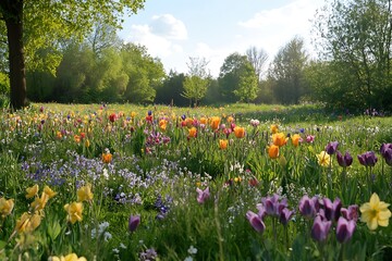 Obraz premium A Picturesque Spring Meadow Filled with Blooming Wildflowers.