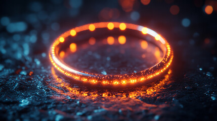 A glowing, iridescent ring rests on a dark, reflective surface, symbolizing modern elegance, mystery, and futuristic beauty in a minimalist setting.


