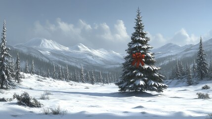 Fototapeta premium Serene Winter Wonderland Snow-Covered Spruce Tree with Majestic Mountains Backdrop Creating a Peaceful Outdoor Scene Scenery