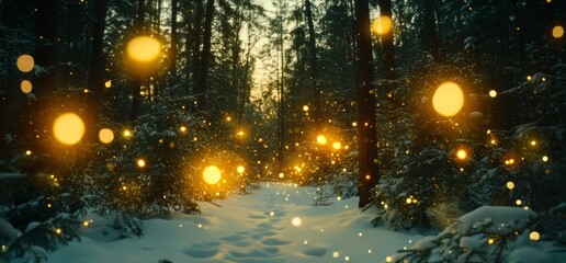A Christmas setting with a natural snowy background, an empty abstract stage, snow, snowdrift, and Christmas lights blurred in the forest, positioned on a light blue background that includes copy