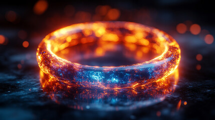 A glowing, iridescent ring rests on a dark, reflective surface, symbolizing modern elegance, mystery, and futuristic beauty in a minimalist setting.

