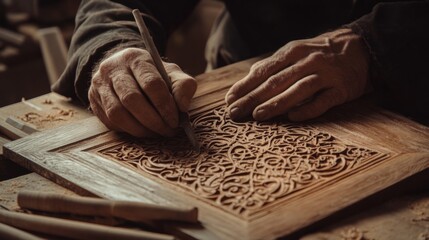 Obraz premium Carving intricate wood panel, workshop