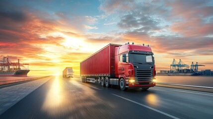 Red Semi-Truck on Highway Against Sunset