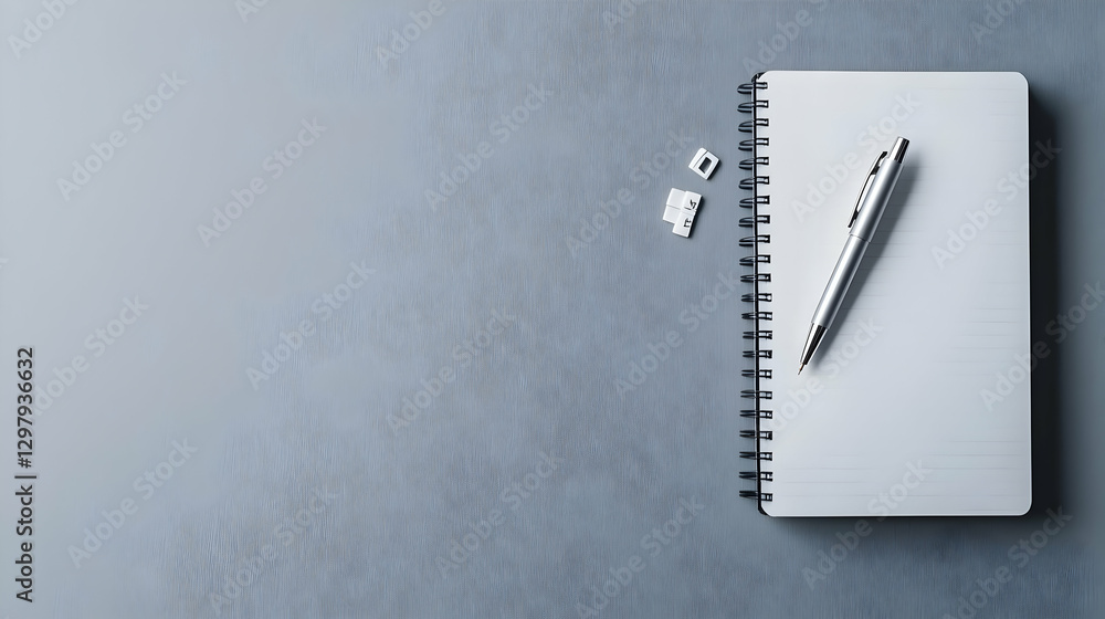 Poster spiral notebook and pen on gray textured surface in minimal flat lay composition