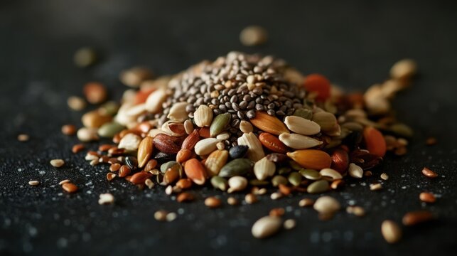 Pile of mixed seeds on a dark surface