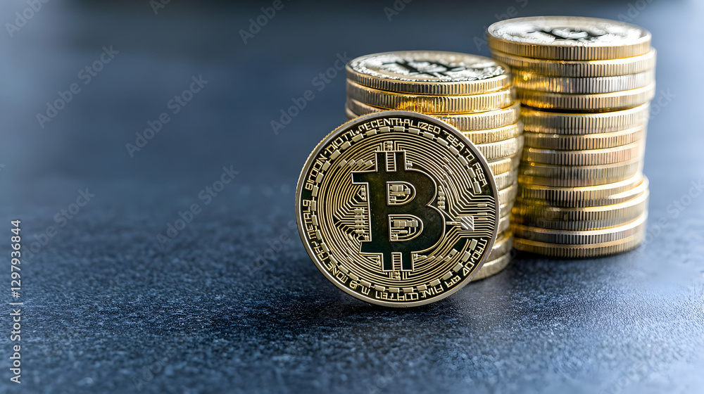 Poster golden bitcoin coin stack on a textured dark surface with close up details